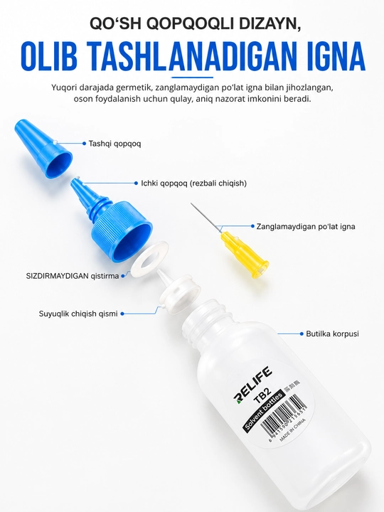 Relife TB2 ignali flakon, 50 ml — suyuqlik uchun qulay va aniq yelim idishi