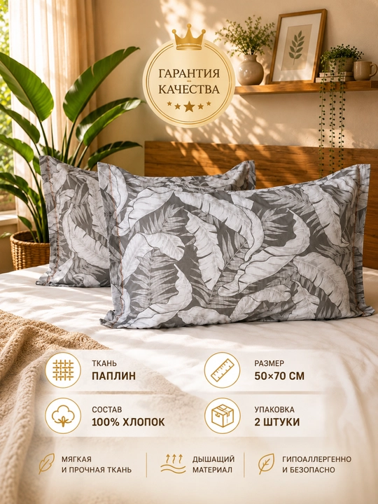 Наволочки 50 * 70, ткань ПОПЛИН, 100% хлопок, 2 штук, чехлы на подушки