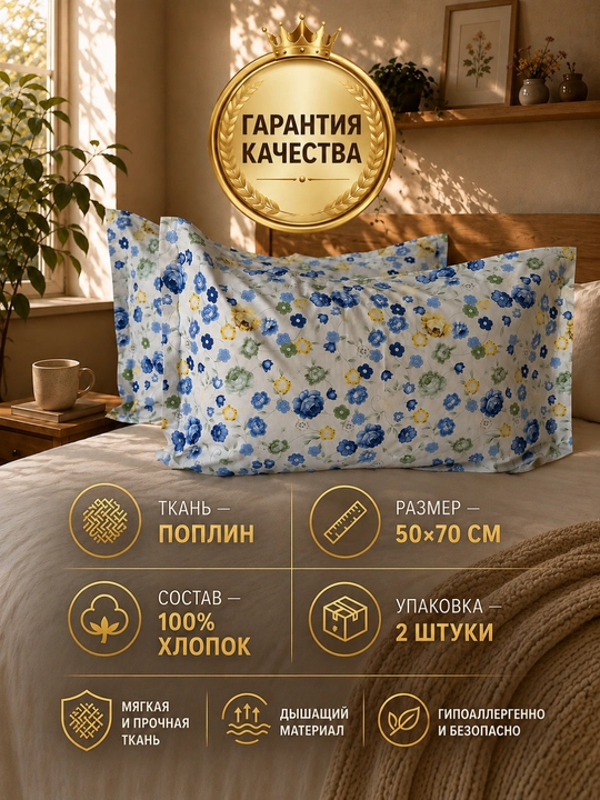 Наволочки 50 * 70, ткань ПОПЛИН, 100% хлопок, 2 штук, чехлы на подушки