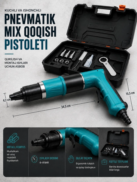 Pnevmatik mix qoqish pistoleti, qurilish va montaj uchun, keysli to‘plam