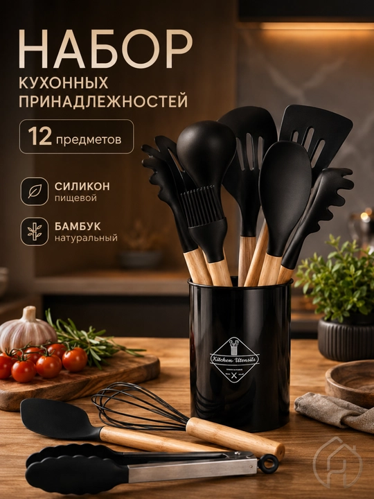 Набор кухонных принадлежностей 12 предметов, силикон, бамбуковые ручки, с подставкой - 