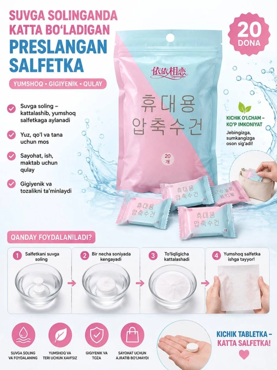 Presslangan salfetkalar, oshibori, bir martalik, quruq qadoqda 20 dona - 
