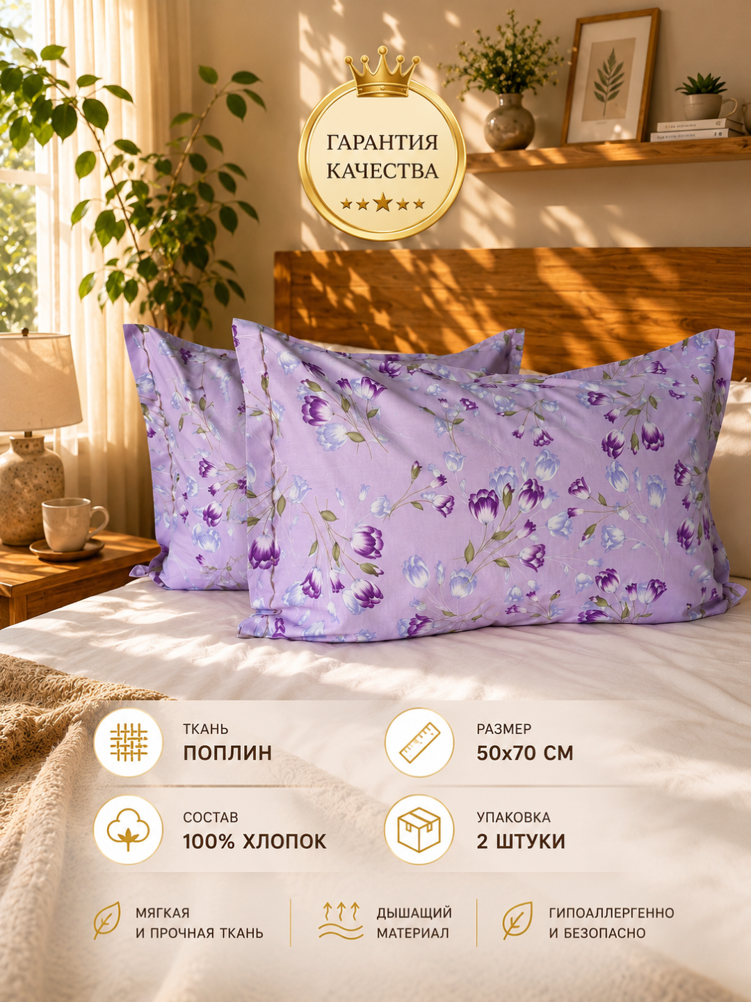 Наволочки 50 * 70, ткань ПОПЛИН, 100% хлопок, 2 штук, чехлы на подушки - 