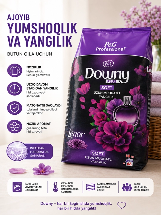 Downy Plus Soft — uzoq davom etuvchi gul iforli kir yuvish kukuni, 10 kg