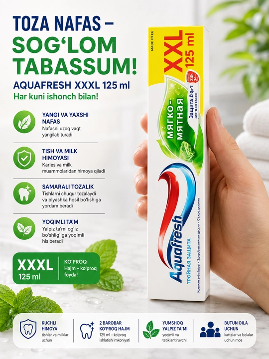Aquafresh butun oila uchun tish pastasi, uch karra himoya va yangilik, 125 ml - 