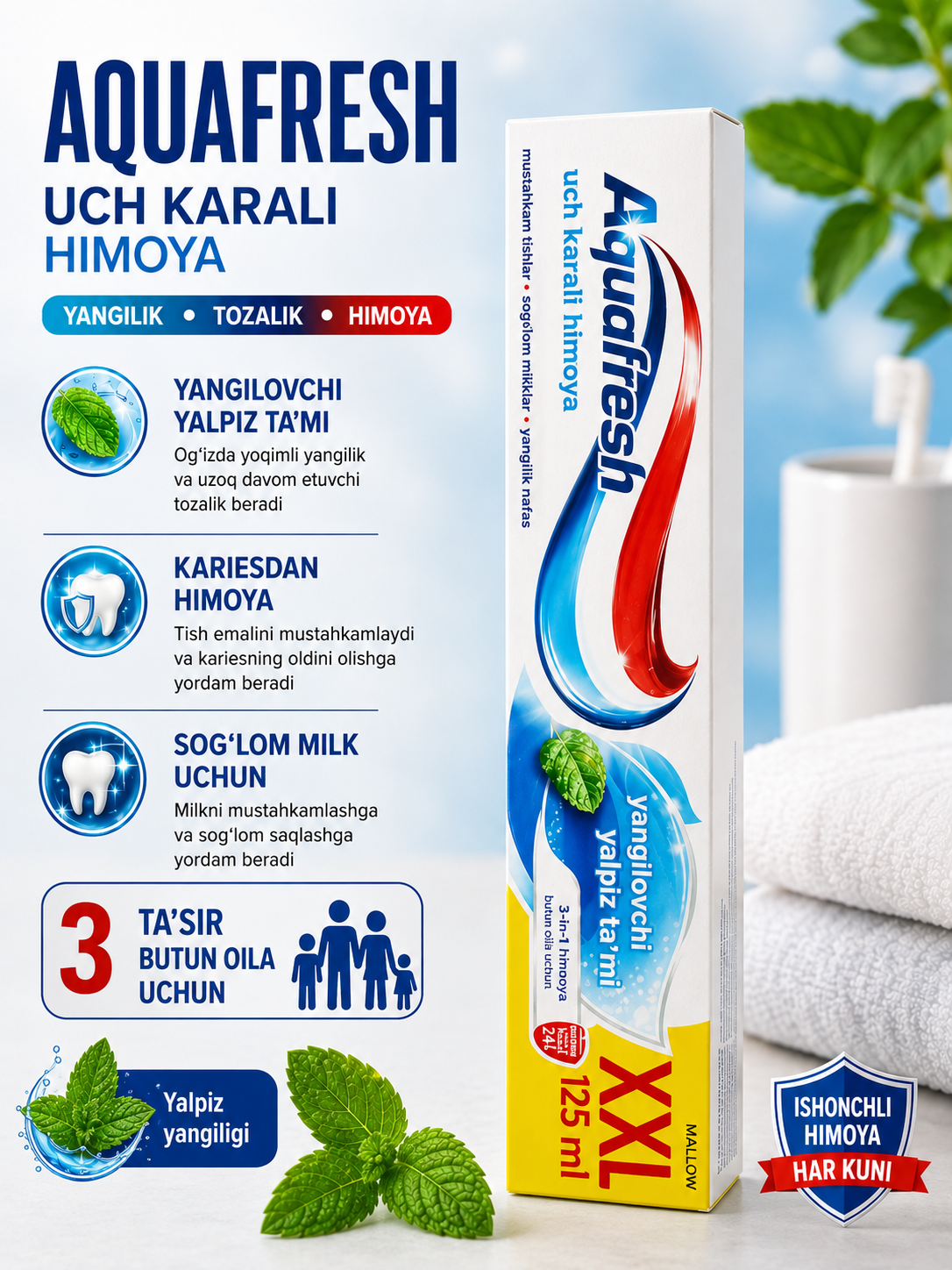 Aquafresh butun oila uchun tish pastasi, uch karra himoya va yangilik, 125 ml - 