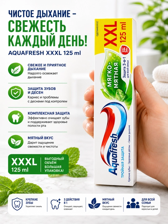 Aquafresh зубная паста для всей семьи, тройная защита и свежесть, 125 мл
