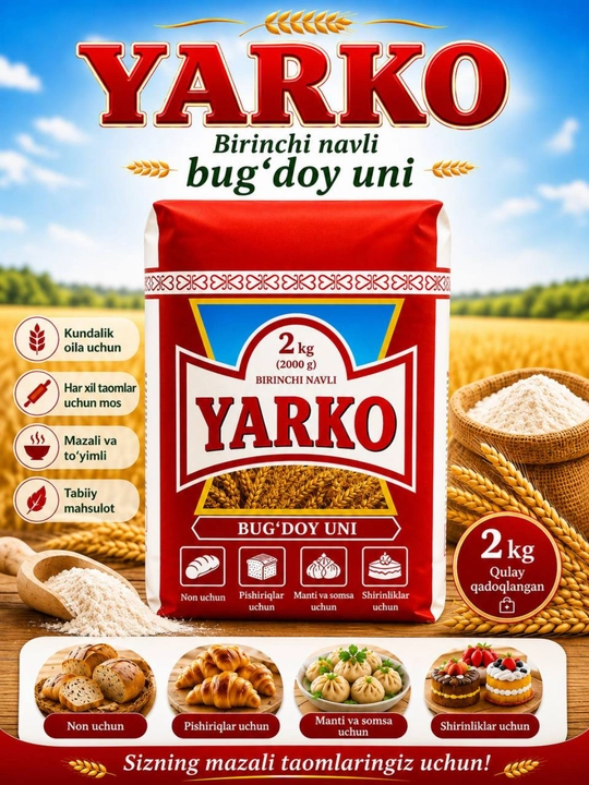 Yarko bug‘doy uni birinchi sort — 1 kg, 2 kg, 3 kg 5 kg va 10 kg qadoqlarda