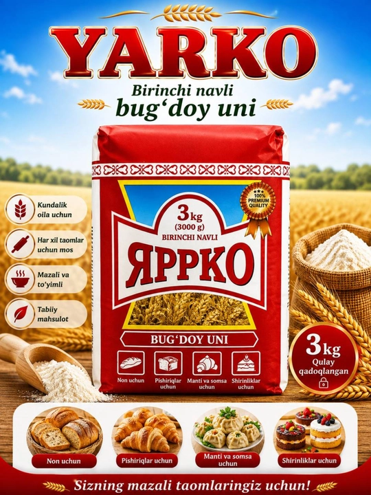Yarko bug‘doy uni birinchi sort — 1 kg, 2 kg, 3 kg 5 kg va 10 kg qadoqlarda