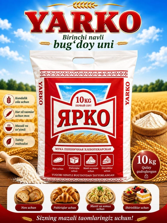 Yarko bug‘doy uni birinchi sort — 1 kg, 2 kg, 3 kg 5 kg va 10 kg qadoqlarda