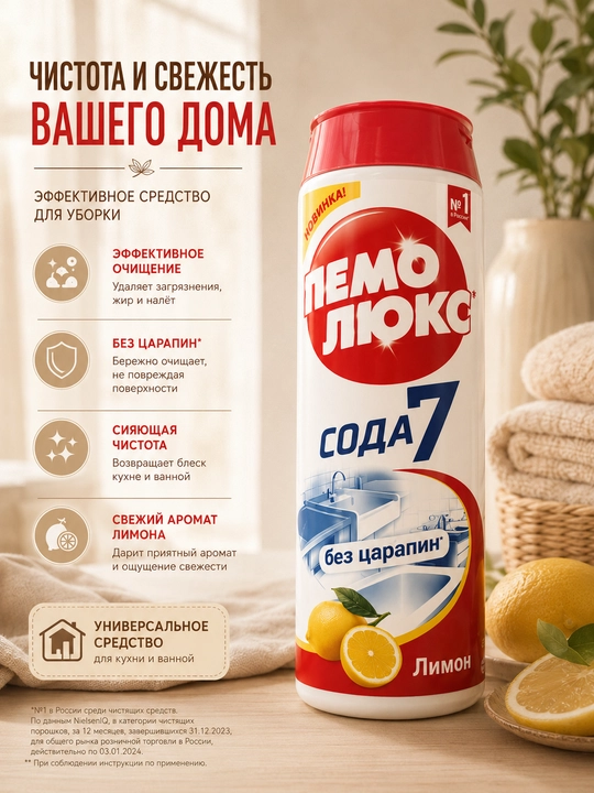 Пемолюкс Сода 7 чистящий порошок для кухни и дома, 480 г