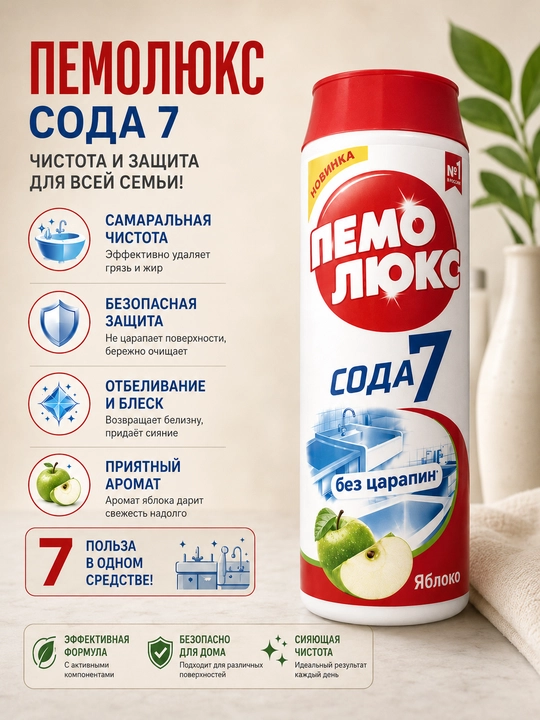 Пемолюкс Сода 7 чистящий порошок для кухни и дома, 480 г - 
