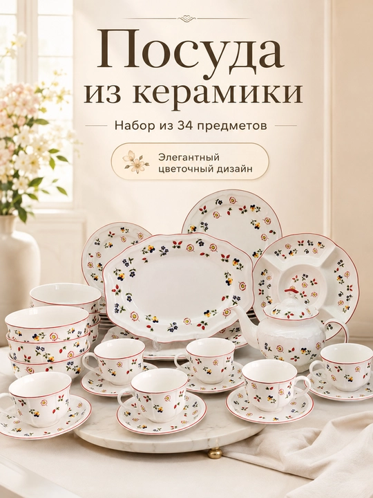 Chinni idish-tovoq to'plami 34 dona, choy va ovqat servizi gulli naqshli - 