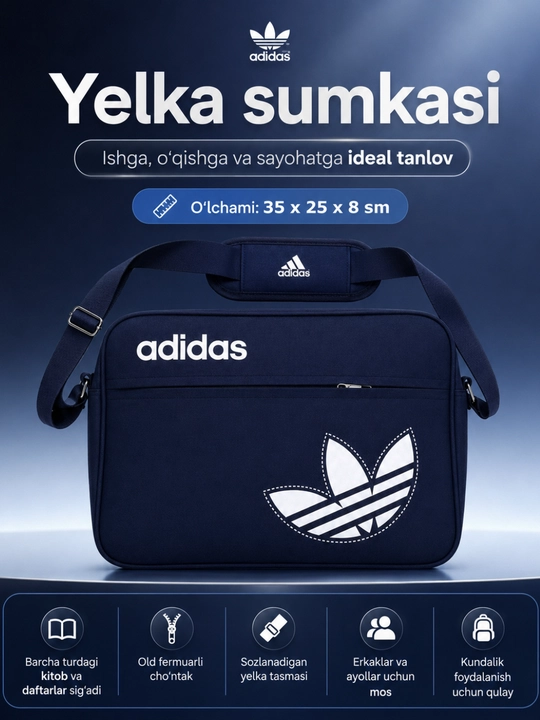 Uniseks yelka sumkasi, maktab, kitob, daftar, sport, ish, o‘qish va sayohat uchun