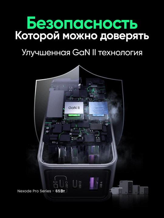 UGREEN 65Вт Сетевое зарядное устройство Nexode Pro 65W PD GaN 3 ports