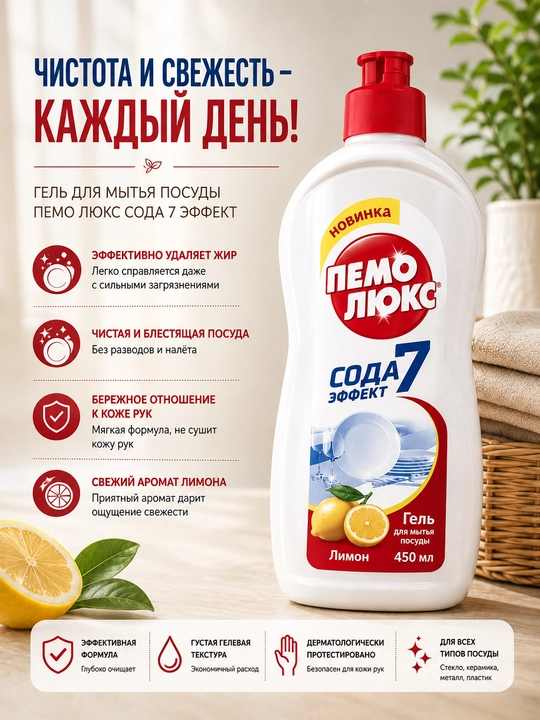 Пемолюкс Сода 7 Эффект — гель для мытья посуды, 450 мл