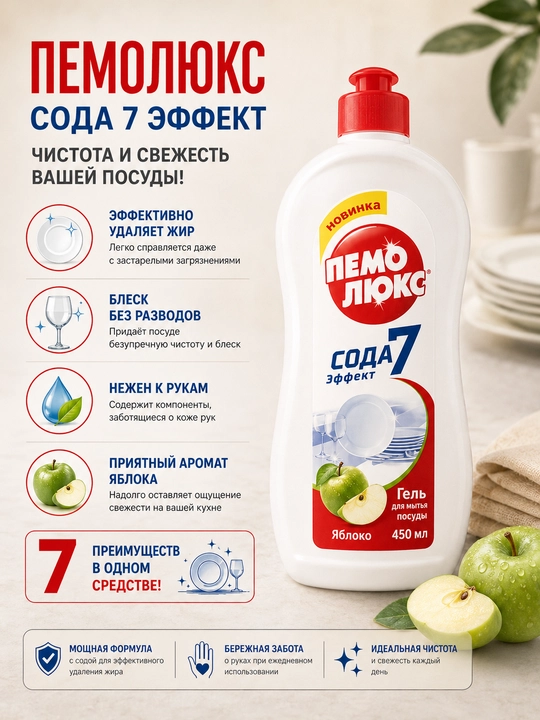 Пемолюкс Сода 7 Эффект — гель для мытья посуды, 450 мл