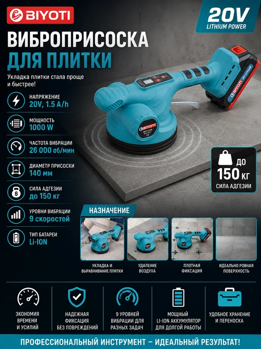 Вибратор для укладки плитки BIYOTI  20 В, 26 000 об/мин, присоска 140 мм - 