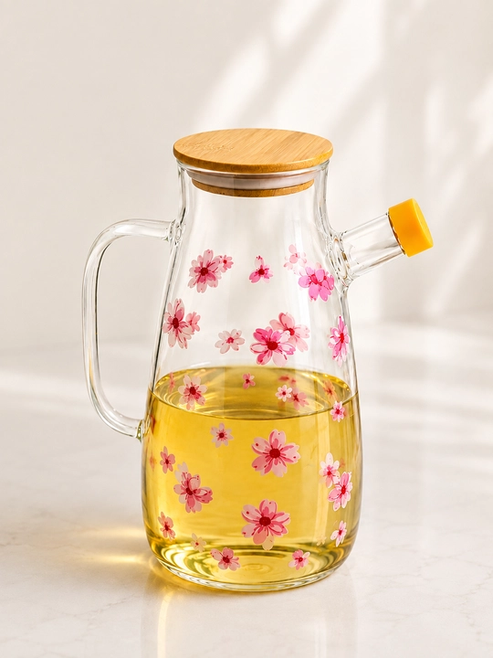 Yog‘ idish, Yog‘ saqlash idishi,  shisha yog‘ quyish idishi, 1 litr, bambuk qopqoqli - 