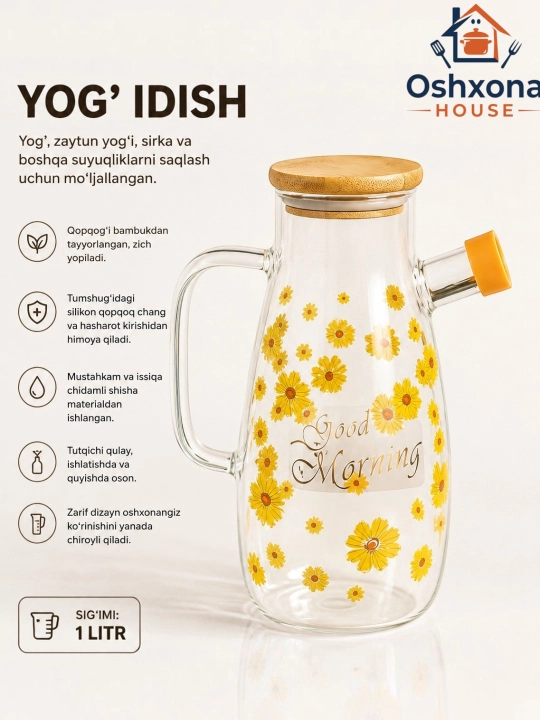 Yog‘ idish, Yog‘ saqlash idishi,  shisha yog‘ quyish idishi, 1 litr, bambuk qopqoqli