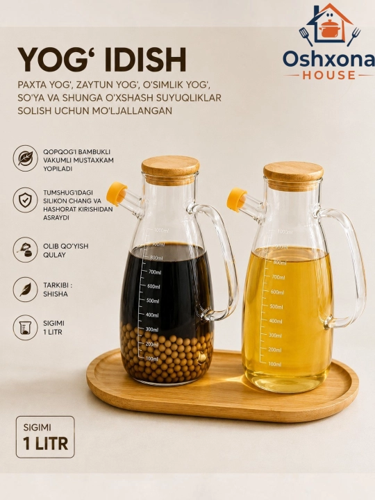 Yog‘ idish, Yog‘ saqlash idishi,  shisha yog‘ quyish idishi, 1 litr, bambuk qopqoqli