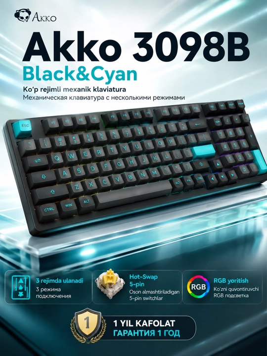 Механическая клавиатура Akko 3098B, 108 клавиш, Bluetooth/USB, RGB, 3000 мА·ч - 