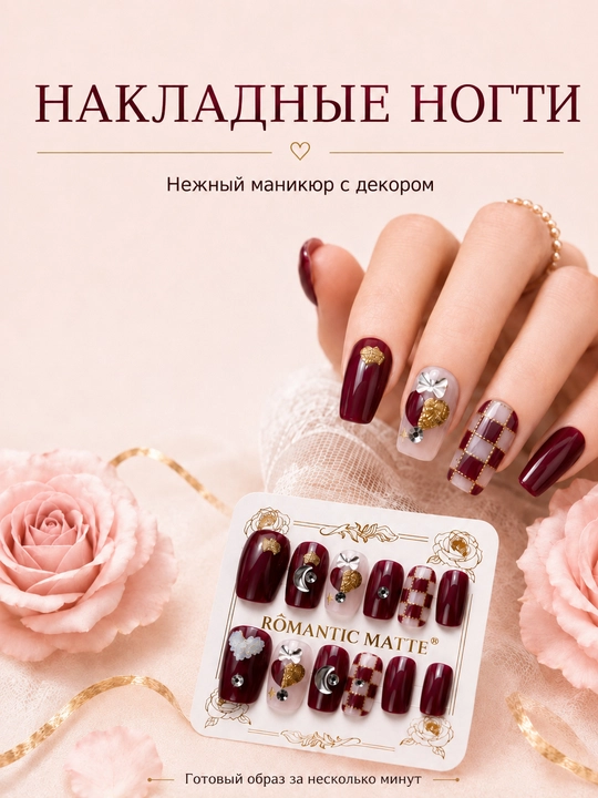 Накладные ногти с готовым дизайном и декором, набор 12 шт