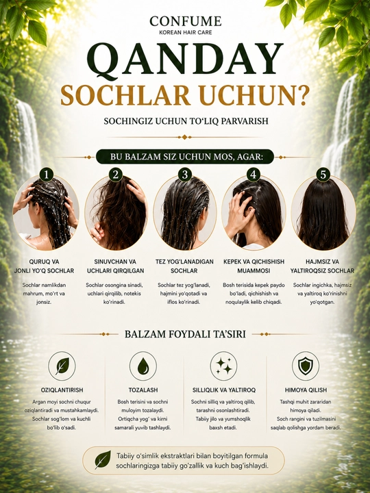 Barcha turdagi sochlar uchun tiklovchi soch konditsioneri, balzam, Confume Korea