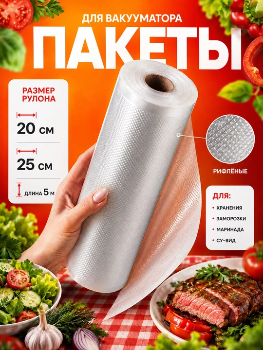Плёнка для вакуумного упаковщика, 20 см × 5 м или 25 см × 5 м, рифлёная в рулоне - 