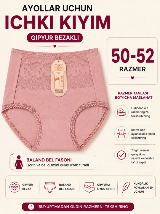 Ayollar paxtali ichki kiyimi to'plami 5 dona, gipyur va sport baland bel trusik 50-52 - 