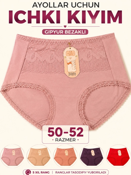 Ayollar paxtali ichki kiyimi to'plami 5 dona, gipyur va sport baland bel trusik 50-52