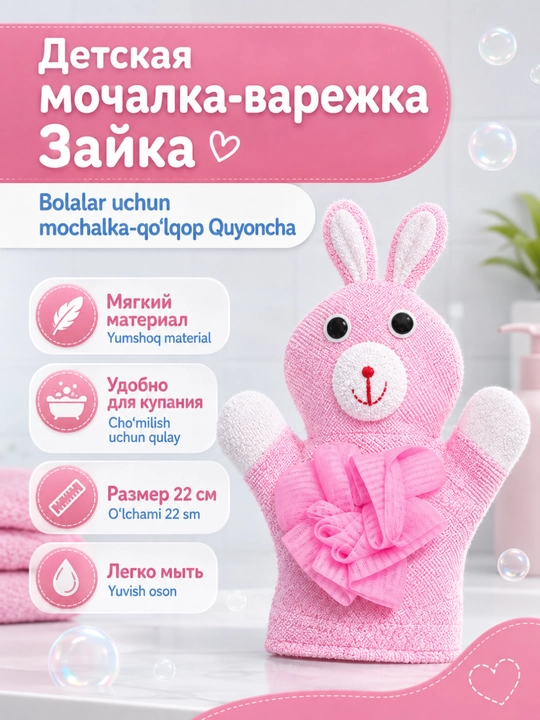 Мочалка варежка детская для купания, 22 см