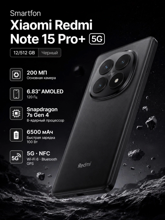 Смартфон Xiaomi Redmi Note 15 Pro+ 5G 12/512, Черный - 