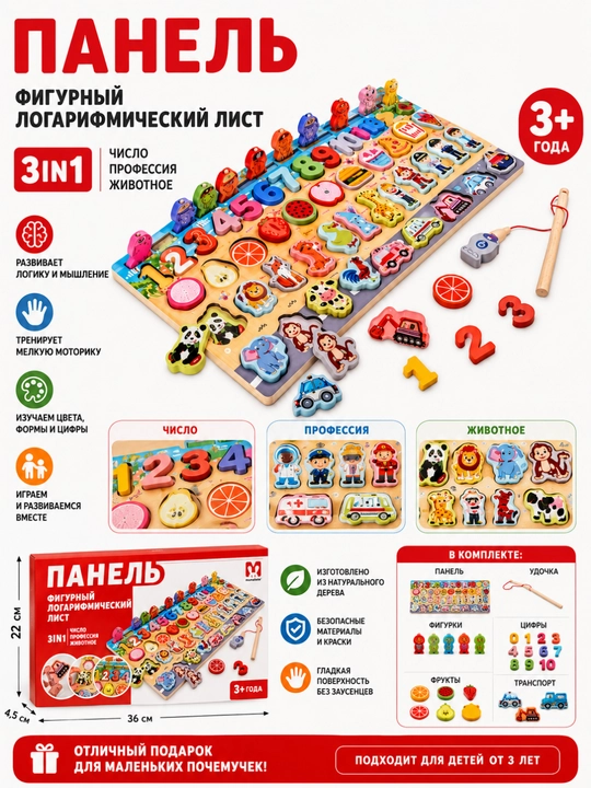 Многофункциональный развивающий набор «Панель фигурный логарифмический лист 3 в 1» - 