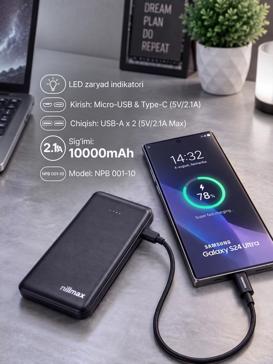 Powerbank 10000 мАч, 2,1 А NILLMAX NPB 001-10 USB-зарядное устройство, внешний аккумулятор