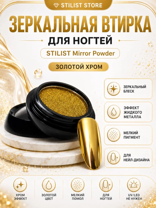 Зеркальная втирка для ногтей, серебряный хром с аппликатором — STILIST STORE - 
