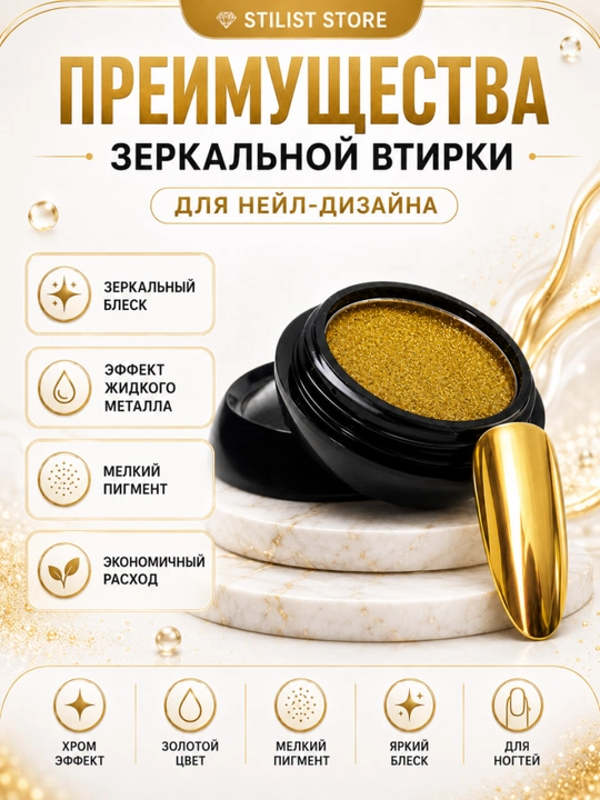 Зеркальная втирка для ногтей, серебряный хром с аппликатором — STILIST STORE