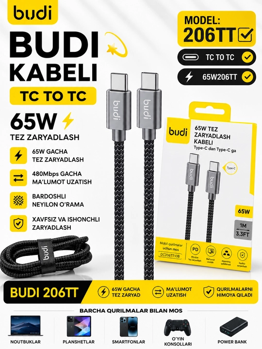 BUDI USB-C dan Type-C gacha bo'lgan zaryadlovchi kabel, 65W, 1 metr - 