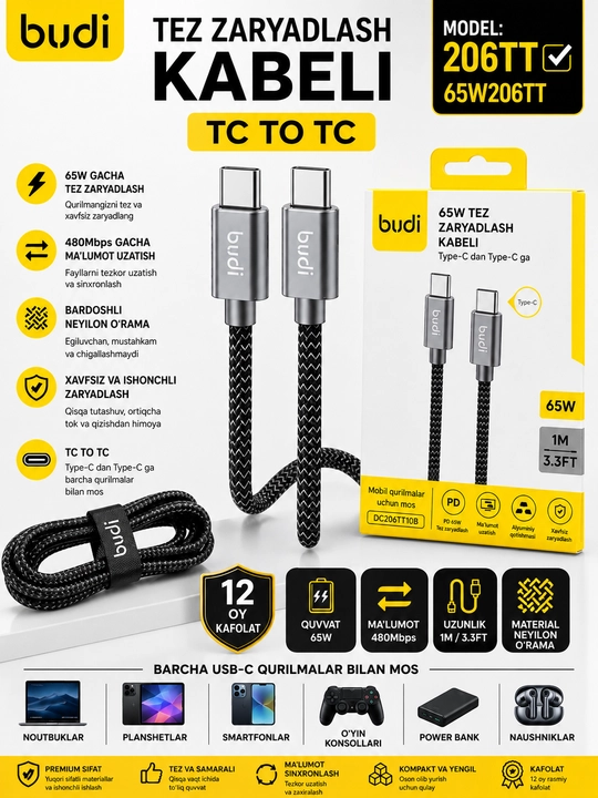 BUDI USB-C dan Type-C gacha bo'lgan zaryadlovchi kabel, 65W, 1 metr