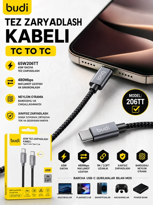 BUDI USB-C dan Type-C gacha bo'lgan zaryadlovchi kabel, 65W, 1 metr
