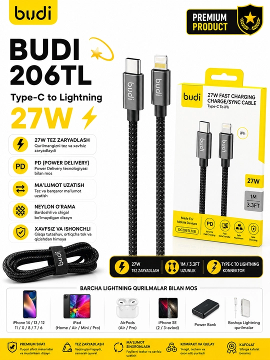 BUDI LIGHTING — Type-C, uchun zaryadlovchi kabel, 27W, 1 metr - 