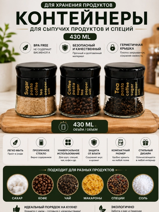 Стеклянная емкость для хранения сухих продуктов и специй с герметичной крышкой