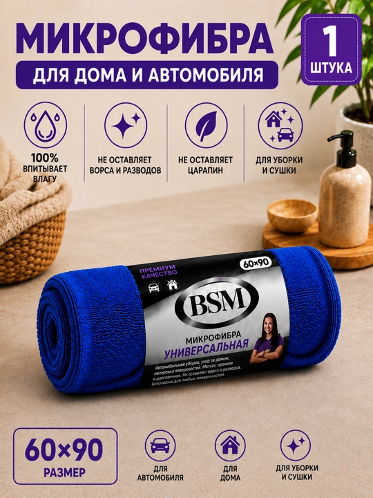 Салфетка из микрофибры 60×90 см 1 шт для дома и автомобиля универсальная - 