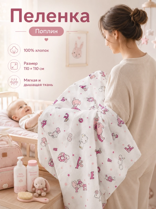 Пелёнка для новорождённых, детская простыня, поплин, 100% хлопок, 110×110 см