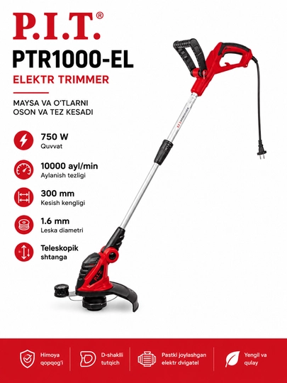 P.I.T. PTR1000-EL elektr trimmer 750W, 300mm, 10000 ayl/min, teleskopik shtanga