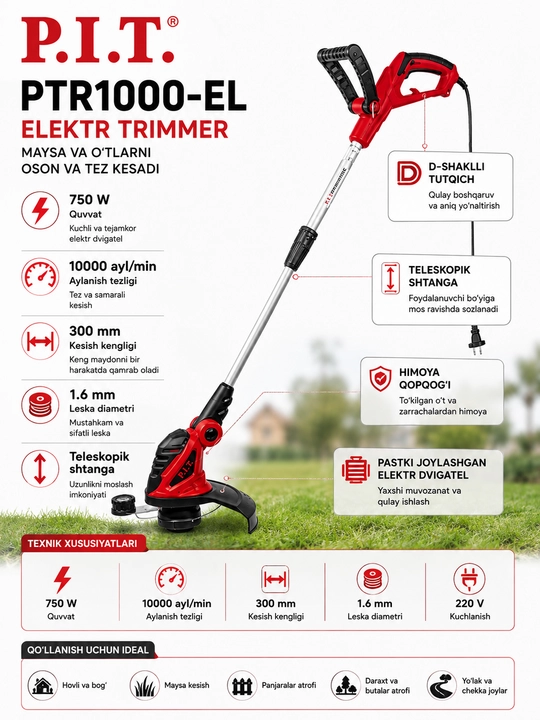 P.I.T. PTR1000-EL elektr trimmer 750W, 300mm, 10000 ayl/min, teleskopik shtanga
