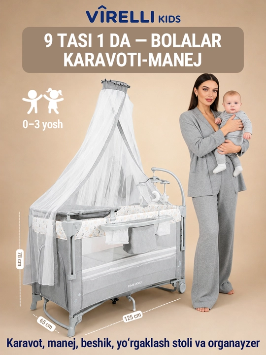 Bolalar karavoti, 1 yoshdan 8 yoshgacha, 0-3 yoshgacha, yonma-yon qo‘yiladigan, matrasli, tebranish funksiyasiga ega - 