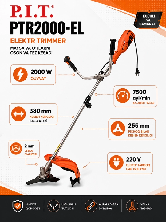 P.I.T. PTR2000-EL elektr trimmer 2000W, 7500 ayl/min, 380 mm, 2 mm leska