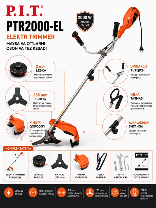 P.I.T. PTR2000-EL elektr trimmer 2000W, 7500 ayl/min, 380 mm, 2 mm leska
