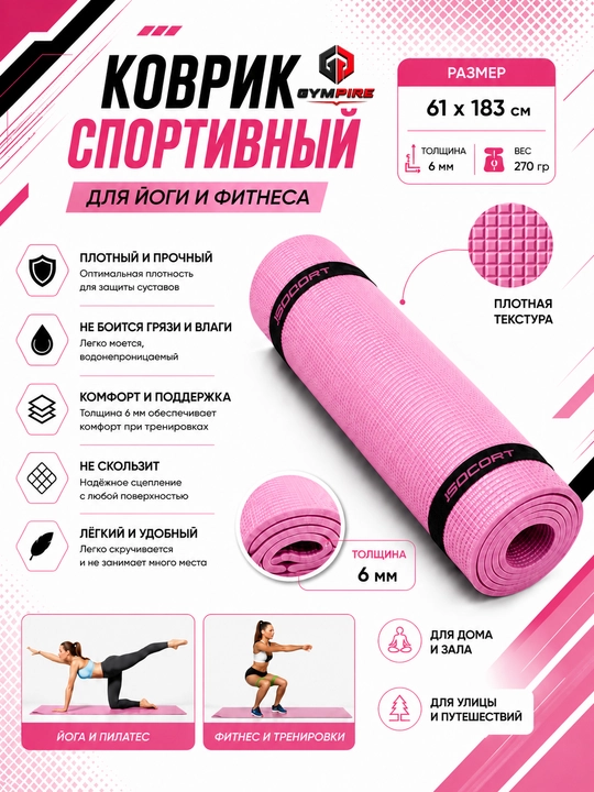 Коврик для йоги и фитнеса, спортивный, 61 x 183 x 0.4 см, 0.6 см и 0.8 см